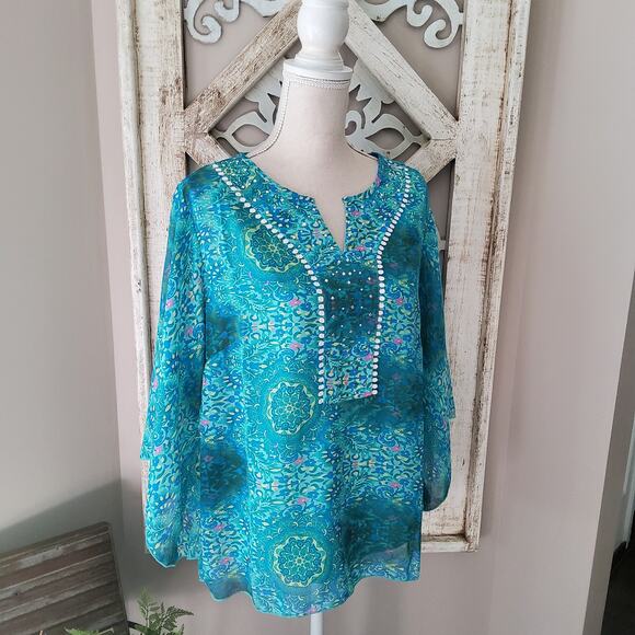 NY Collection Women's Flare Bell Sleeve Embellished Blouse Top in Floral Scroll - Picture 1 of 10